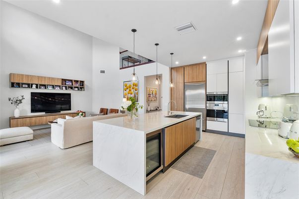 Interior, Kitchen, Living room, Pendant Lights, Recessed Lighting, Stainless Steel Appliances, Wood Texture Flooring