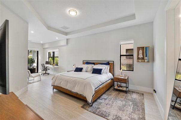 Bedroom, Interior, Recessed Lighting, Wood Texture Flooring
