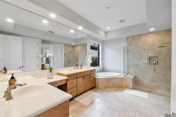 Bathroom, Dual Sink Vanities, Glass Shower, Interior, Recessed Lighting