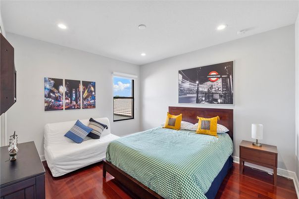 Bedroom, Interior, Recessed Lighting, Wood Texture Flooring