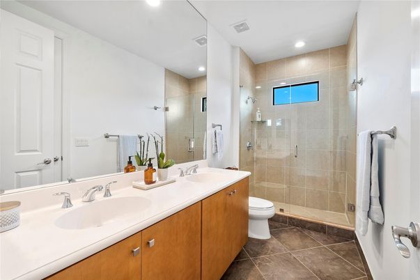 Bathroom, Dual Sink Vanities, Glass Shower, Interior, Recessed Lighting