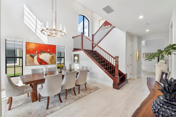 Chandelier, Dining room, Interior, Recessed Lighting, Wood Texture Flooring