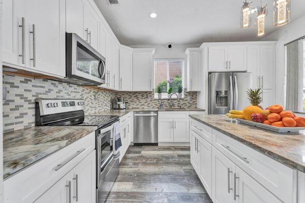 Interior, Kitchen, Recessed Lighting, Stainless Steel Appliances, Wood Texture Flooring