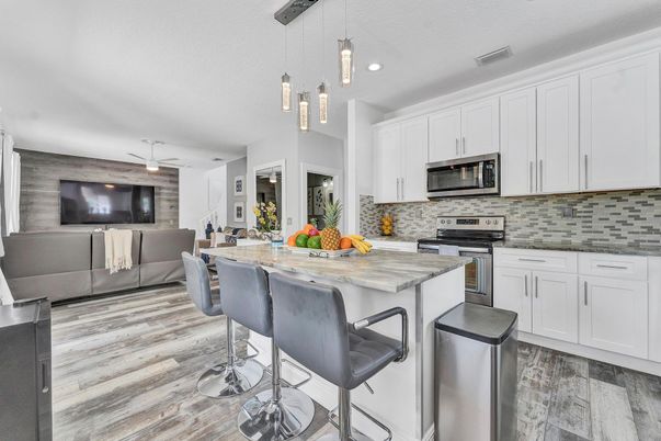 Interior, Kitchen, Living room, Pendant Lights, Recessed Lighting, Stainless Steel Appliances, Wood Texture Flooring