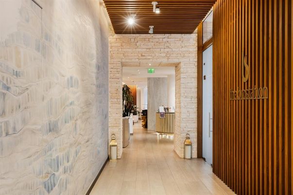 Interior, Recessed Lighting, Stone Walls, Wood Texture Flooring