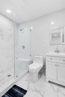 Bathroom, Glass Shower, Interior, Marble, Marble Walls, Recessed Lighting