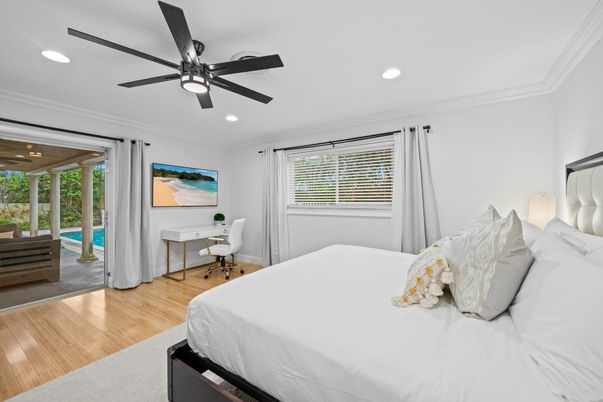 Bedroom, Home Office, Interior, Recessed Lighting, Wood Texture Flooring