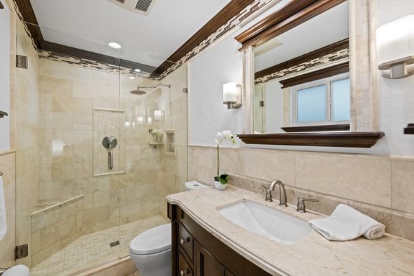 Bathroom, Glass Shower, Interior, Recessed Lighting, Stone Walls