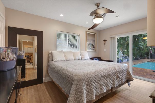 Bedroom, Interior, Recessed Lighting, Wood Texture Flooring