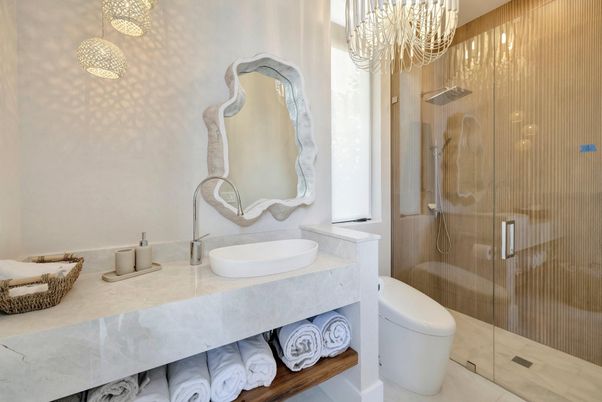 Bathroom, Chandelier, Glass Shower, Interior