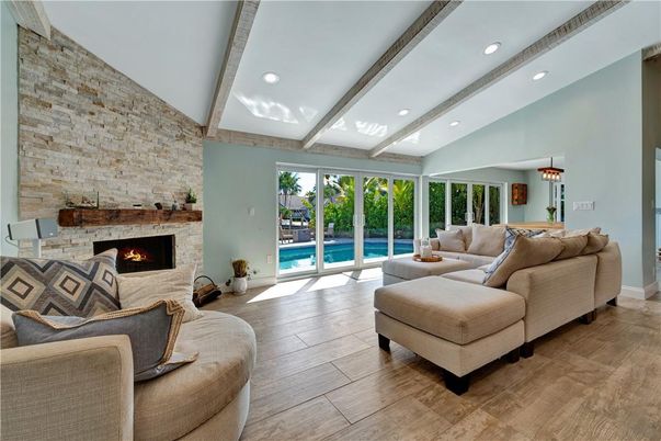 Fireplace, Interior, Living room, Recessed Lighting, Stone Walls, Wooden Beams, Wood Texture Flooring
