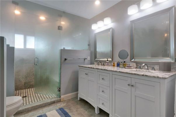 Bathroom, Dual Sink Vanities, Glass Shower, Interior, Recessed Lighting