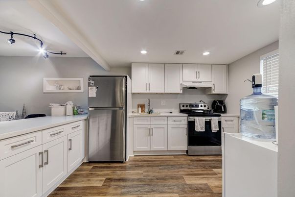 Interior, Kitchen, Recessed Lighting, Stainless Steel Appliances, Wood Texture Flooring