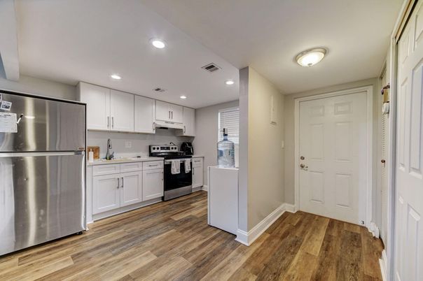 Interior, Kitchen, Recessed Lighting, Stainless Steel Appliances, Wood Texture Flooring