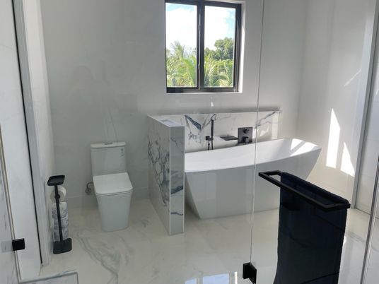 Bathroom, Free Standing Baths, Glass Shower, Interior, Marble, Marble Walls