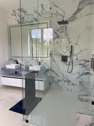 Bathroom, Glass Shower, Interior, Marble Walls