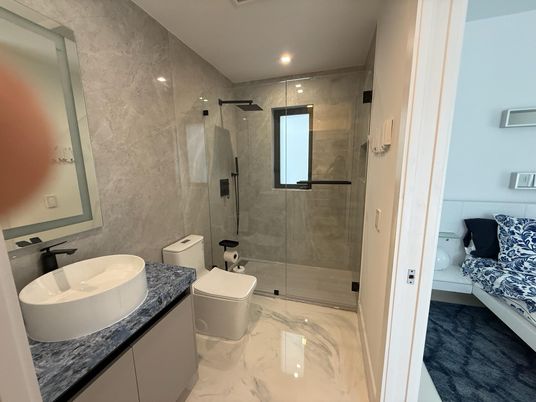 Bathroom, Glass Shower, Interior, Marble, Recessed Lighting
