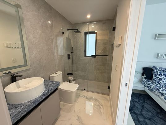 Bathroom, Glass Shower, Interior, Marble, Recessed Lighting