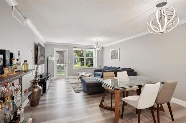 Dining room, Interior, Living room, Pendant Lights, Piano, Wood Texture Flooring