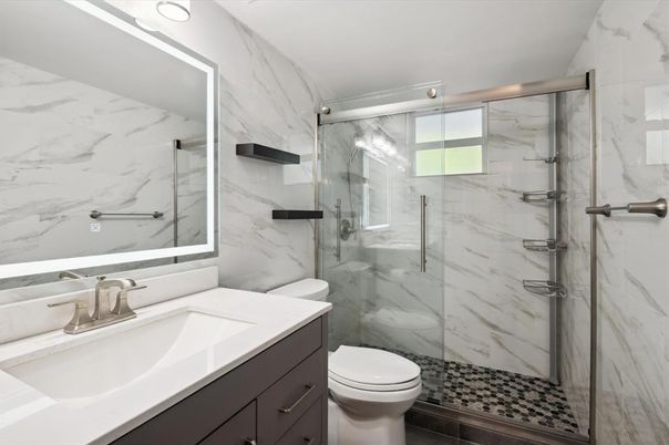 Bathroom, Glass Shower, Interior, Marble Walls, Recessed Lighting