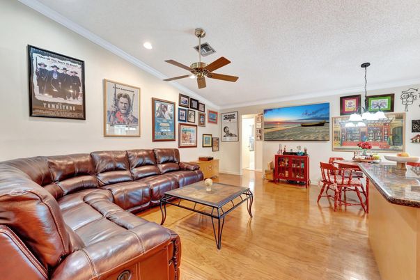 Dining room, Interior, Living room, Pendant Lights, Recessed Lighting, Wood Texture Flooring