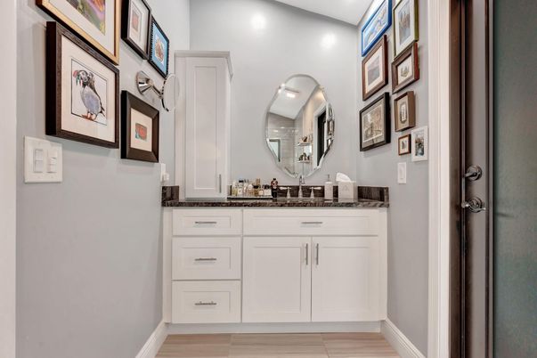 Bathroom, Dual Sink Vanities, Interior, Recessed Lighting, Wood Texture Flooring