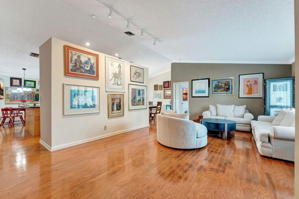 Dining room, Interior, Living room, Pendant Lights, Recessed Lighting, Wood Texture Flooring
