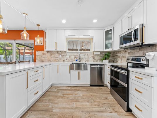 Interior, Kitchen, Pendant Lights, Recessed Lighting, Stainless Steel Appliances, Wood Texture Flooring