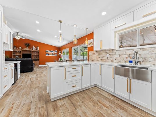 Interior, Kitchen, Pendant Lights, Recessed Lighting, Wood Texture Flooring