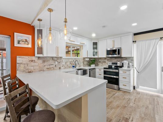 Interior, Kitchen, Pendant Lights, Recessed Lighting, Stainless Steel Appliances, Wood Texture Flooring