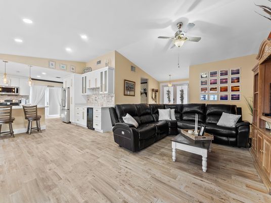 Interior, Kitchen, Living room, Pendant Lights, Recessed Lighting, Wood Texture Flooring