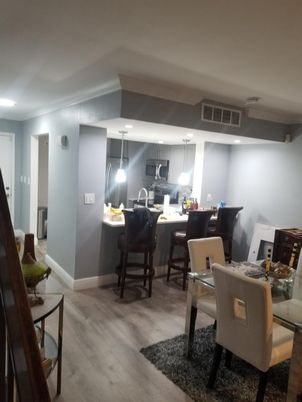 Dining room, Interior, Kitchen, Pendant Lights, Recessed Lighting, Wood Texture Flooring