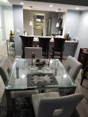 Dining room, Interior, Kitchen, Pendant Lights, Recessed Lighting, Wood Texture Flooring