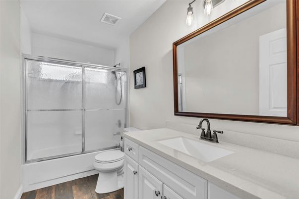 Bathroom, Glass Shower, Interior, Wood Texture Flooring