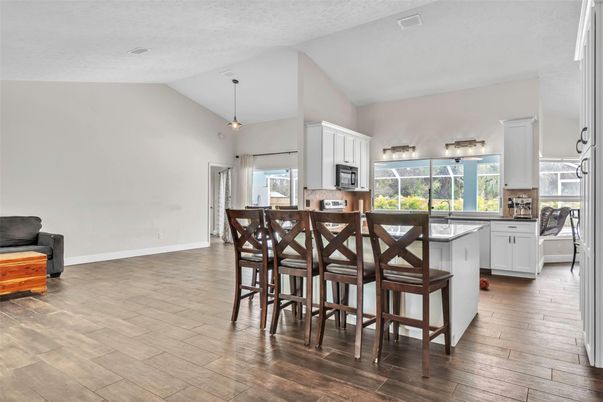 Dining room, Interior, Kitchen, Pendant Lights, Wood Texture Flooring