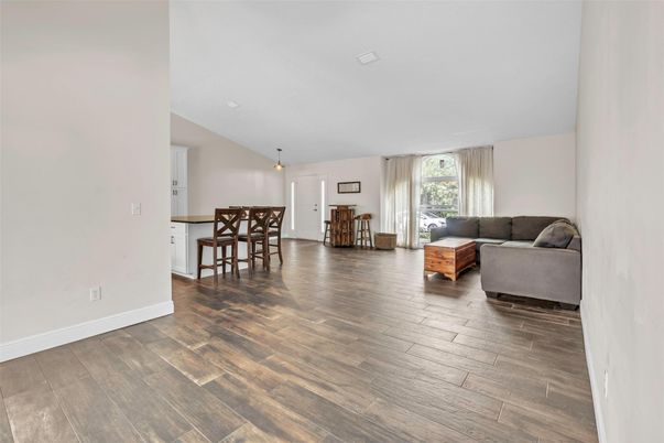 Dining room, Interior, Living room, Pendant Lights, Wood Texture Flooring