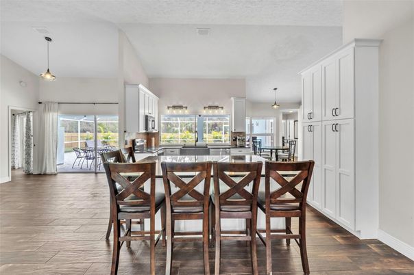 Dining room, Interior, Kitchen, Pendant Lights, Wood Texture Flooring