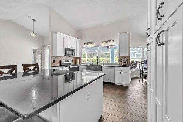Interior, Kitchen, Pendant Lights, Stainless Steel Appliances, Wood Texture Flooring