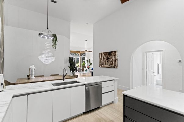 Interior, Kitchen, Pendant Lights, Stainless Steel Appliances, Wood Texture Flooring