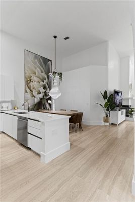 Dining room, Interior, Kitchen, Pendant Lights, Wood Texture Flooring