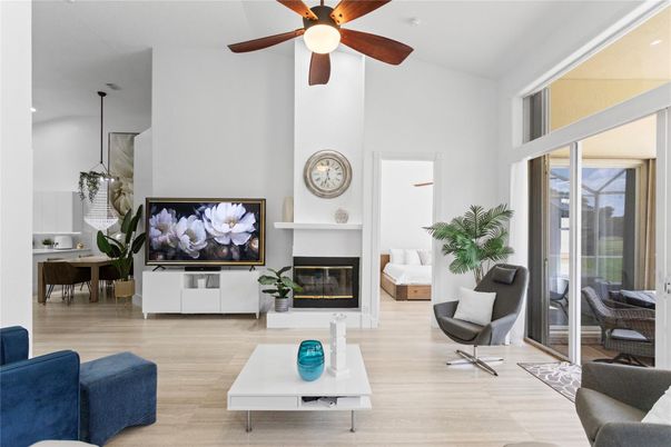Fireplace, Interior, Living room, Pendant Lights, Wood Texture Flooring