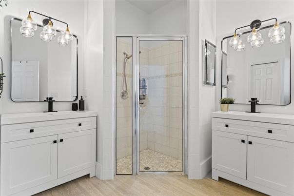 Bathroom, Glass Shower, Interior, Wood Texture Flooring