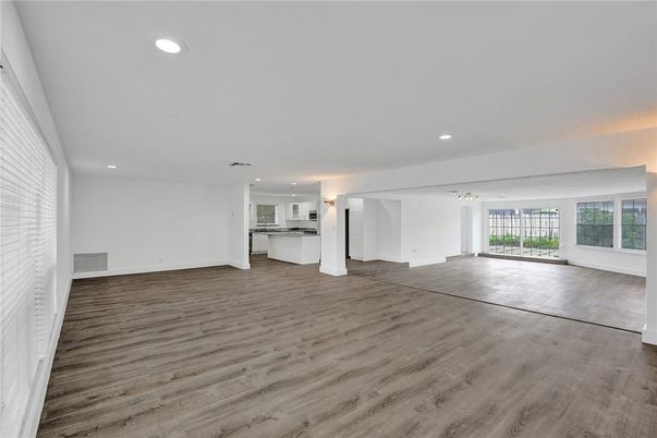 Empty room, Interior, Kitchen, Recessed Lighting, Wood Texture Flooring