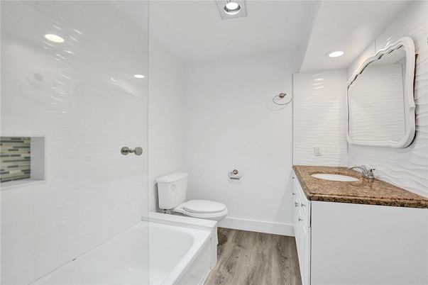 Bathroom, Interior, Recessed Lighting, Wood Texture Flooring