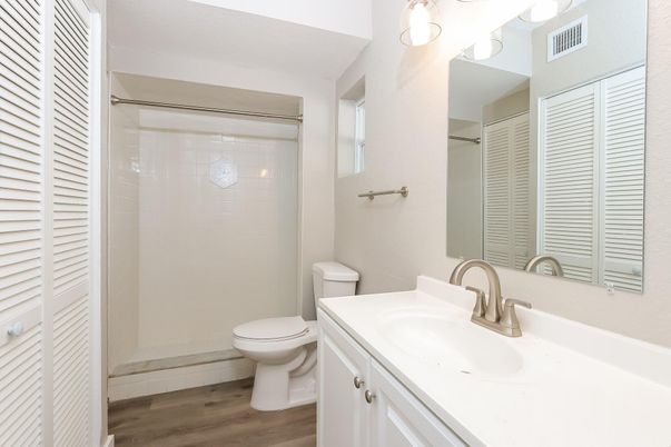Bathroom, Glass Shower, Interior, Wood Texture Flooring