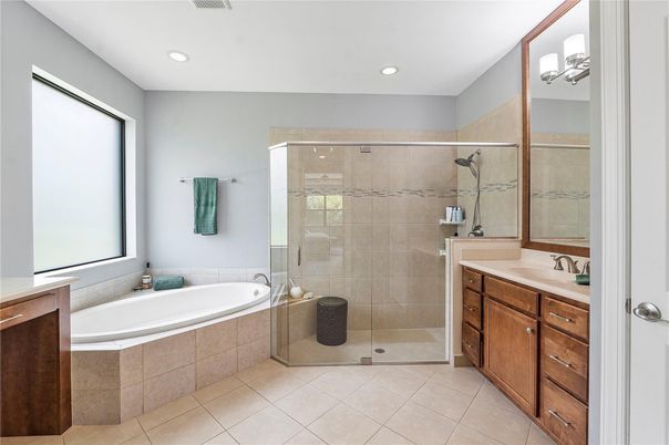 Bathroom, Dual Sink Vanities, Glass Shower, Interior, Recessed Lighting