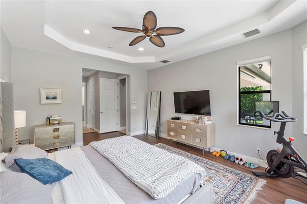 Bedroom, Fitness Equipment, Interior, Recessed Lighting, Wood Texture Flooring