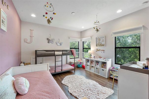 Bedroom, Interior, Pendant Lights, Recessed Lighting, Wood Texture Flooring