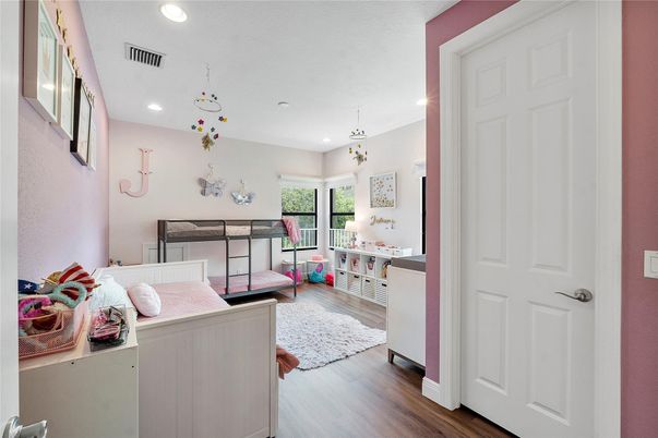 Bedroom, Interior, Pendant Lights, Recessed Lighting, Wood Texture Flooring