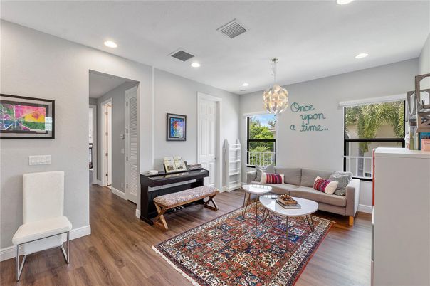 Interior, Living room, Pendant Lights, Recessed Lighting, Wood Texture Flooring